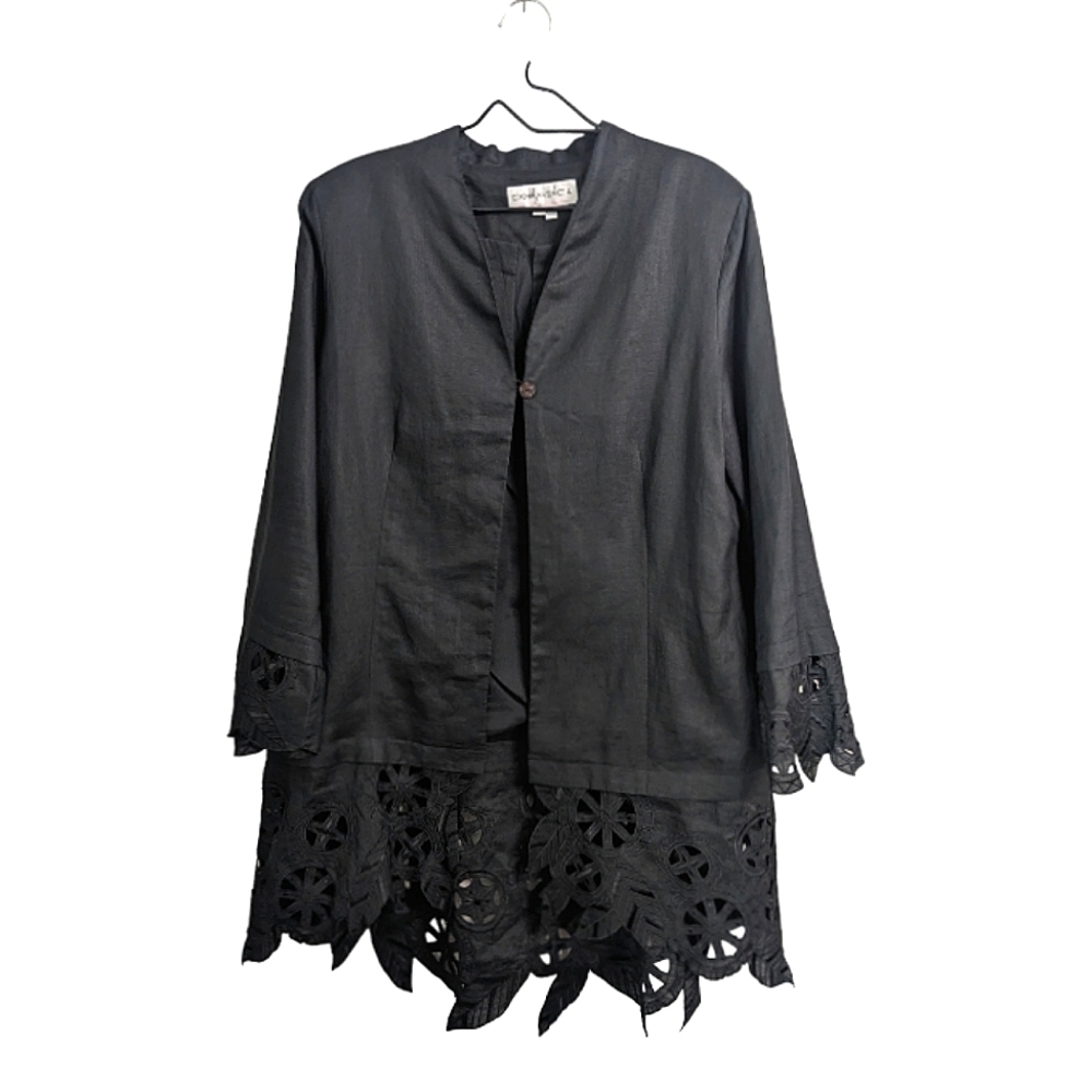 Donna Vinci Women 100% Ramie Black lightweight Coat Lace Long Sleeve Lined 12/14